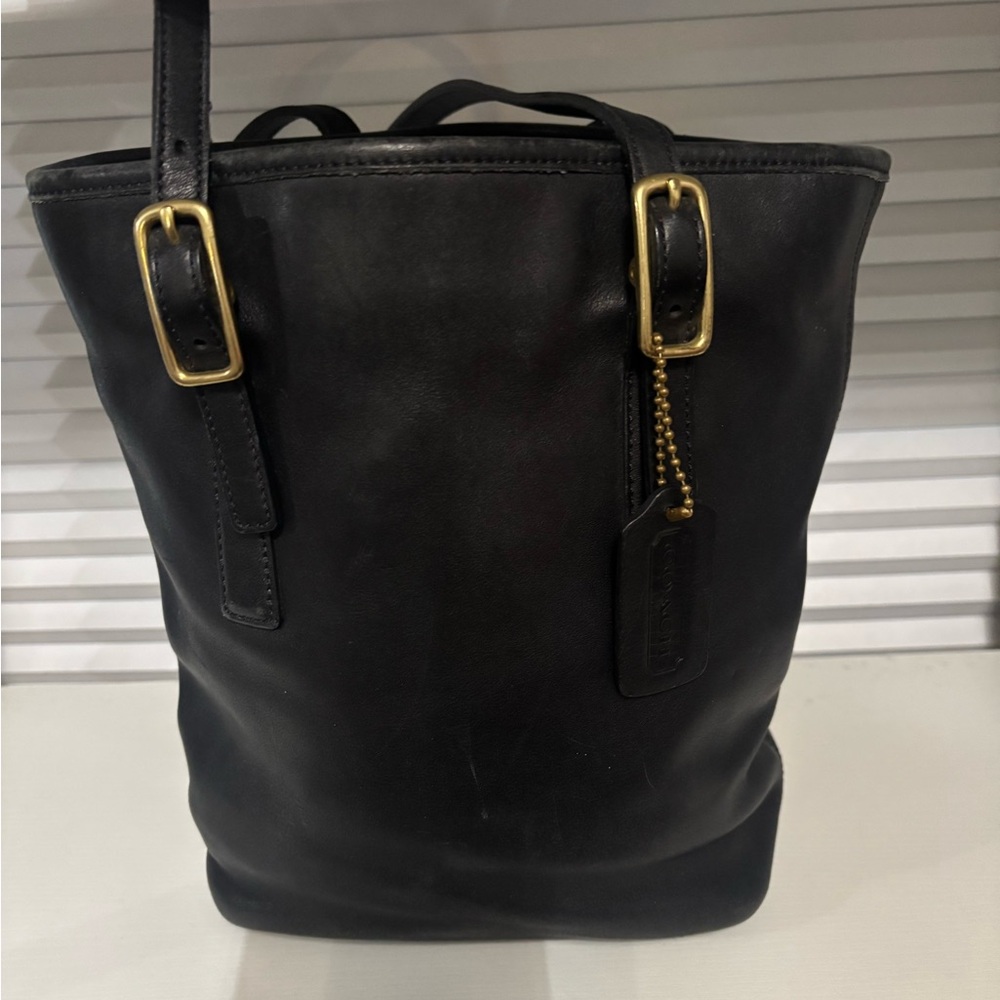 Coach Black Leather Shoulder Bag with Gold Buckles